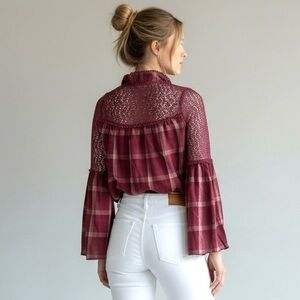 Vintage Boho Y2K Smocked Plaid Blouse with Crochet Detail